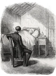 Rastignac pozostał sam w pobliżu starca, siedząc w nogach łóżka... Rycina połowa XIX wieku. Ilustracja do „Ojca Goriota” Honore de Balzac (1799-1850).