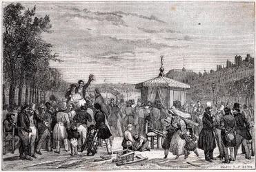 Odczytanie orzeczeń opublikowanych w gazecie Moniteur w ogrodach Pałacu Królewskiego w Paryżu 26 lipca 1830 w czasie wojny domowej - Rewolucja 1830 -