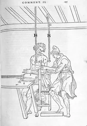 Redukcja złamań. Talerz ilustrowany „Rozcięcie ludzkiego ciała na trzy części...” Carlo Stefano Riverio, Paryż 1545