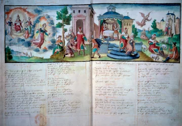 Teatr Religijny: „Pasja i Zmartwychwstanie” grana w Valenciennes w 1547 r. Karta rękopisu z akwarelą, Paryż, B.N.