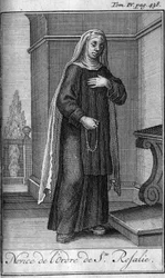 Porządek religijny. Nowicjusz Zakonu Św. Rozalii w Palermo na Sycylii w XVII wieku. W „”Historii zakonów rycerskich czy rycerskich, bezpiecznych i rutynowych milicji obojga płci, które powstały do tej pory. Wydanie zaczerpnięte z Abbe Gius