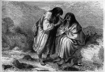 Lekarstwo na przeziębienie: wdychanie tytoniu wśród amerykańskich Indian. Grawerowanie w „Le journal de la jeunesse””