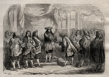 Rene Duguay Trouin (Duguay-Trouin) (Rene Trouin du Gue dit) (1673-1736) otrzymujący krzyż Saint-Louis z rąk króla Ludwika XIV - grawerowanie w „Dictionnaire populaire illustrious” - 1864 - Joseph Decembre i Edmonda Alloniera -