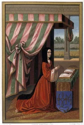 Przedstawienie Anny Francuskiej, znanej jako Anna de Beaujeu (1461-1522), podczas modlitwy. Jest córką Ludwika XI i Karoliny Sabaudzkiej. Chromolitografia według iluminacji.