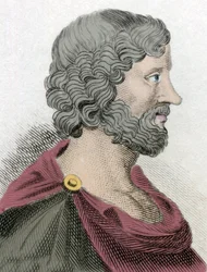 Przedstawienie Arystypa z Cyreny (435-356 p.n.e.), greckiego filozofa i ucznia Sokratesa, rycina z XIX wieku.
