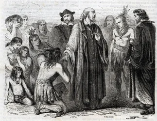Reprezentacja Bartolome de las Casas (1484-1566) Dominikański ksiądz misjonarz z Indianami” (Portret Bartolome de las casas, dominikanin i protektor Indian - rycina z 1860 r.