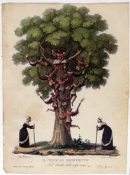 Przedstawienie orzecha Benevent, czarownic i demonów legendy, która zainspirowała balet „Il noce di Benevento” austriackiego kompozytora Franza Xavera Sussmayra (1766-1803). Ilustracja z XIX wieku