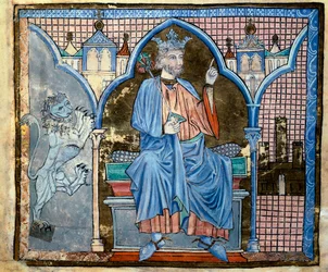Przedstawienie króla Ferdynanda III Kastylii lub św. Ferdynanda (1199-1252) Miniatura zaczerpnięta z rękopisu „Indeks przywilejów królewskich” fol. 66 v. XIII wiek Santiago de Compostela (Santiago de Compostela) (Santiago de Compostela), archiwum