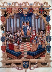 Reprezentacja króla Franciszka I (1494-1547) otacza jego dwunastu rówieśników. Z miniatury. 16 wiek. Chantilly, Muzeum Conde