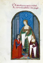 Reprezentacja królowej Hiszpanii Izabeli Katolickiej (1451-1504), jej córki Jeanne Iere the Folle (1479-1555) i Pedro Marcuello. Strona rękopisu zaczerpnięta z „”Zbioru kultu królowej Joanny Folle (1479-1555) Hiszpanii”” Pedro Mar