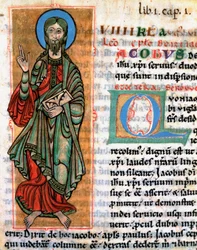 Reprezentacja apostoła św. Jakuba Wielkiego Miniatura zaczerpnięta z „Codex Calixtinus” (Księga św. Jakuba), ok. 1140. Fol. 4. Archiwum Katedry Santiago de Compostela (Santiago de Compostela), Hiszpania