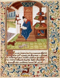 Reprezentacja autora piszącego w jego gabinecie Miniatura z „Kwiatów wszystkich cnót” lub „Różańca cnót” (Ms 291) 1460 Musee Conde, Chantilly