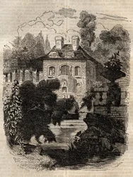 Rezydencja Rousseau na wyspie Saint-Pierre (St. Petersinsel) Berno - Szwajcaria - Ilustracja do „Wyznań” Jeana-Jacquesa (Jean Jacques) Rousseau (1712-1778) - rycina z 1849 roku