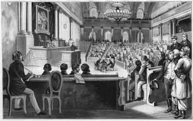 Rewolucja w Wiedniu 1848 - Spotkanie pierwszego austriackiego Zgromadzenia Ustawodawczego (Reichs Versammlung), lipiec 1848, w Hiszpańskiej Szkole Jazdy w Wiedniu, Austria.
