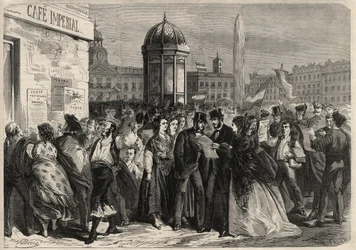 Rewolucja września 1868 w Hiszpanii (Gloriosa): odczytanie manifestu junty na ulicy Alcala w Madrycie. Grawer w „”L