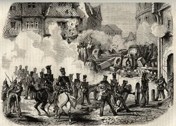Rewolucje 1848 - 1849, Niemcy, Frankfurt - Oddziały szturmujące barykadę we Frankfurcie, Niemcy, 18 września