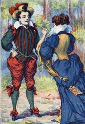 Riquet a la Houppe staje się przystojnym dżentelmenem. Anonimowa ilustracja do „Riquet a la houppe”, opowiadania Charlesa Perraulta (1628-1703), francuskiego pisarza. Zdjęcia Marcel Vagne, Jarville Nancy, bez daty (koniec XIX wieku).