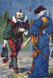 Riquet ponownie przedstawia się księżniczce. Ilustracja do „Riquet a la houppe”, opowiadania Charlesa Perraulta (1628-1703), francuskiego pisarza. Anonimowa ilustracja. Zdjęcia Marcel Vagne, Jarville Nancy, bez daty (koniec XIX wieku).