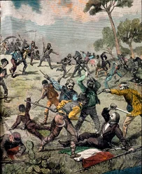 Risorgimento: „”włoski rewolucjonista Carlo Pisacane (1818-1857) zostaje zaatakowany przez chłopów w Sapri 28.06.1857””Prywatne zbiory ryciny