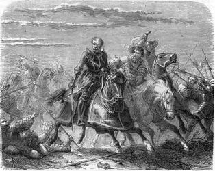Robert z Marka Landsknechtów zabiera Szwajcarowi ciało syna. Rycina XIX wieku.
