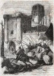 Rodomont wyłamuje drzwi Palais w Paryżu - rycina 1851 z „Roland furieux” (Orlando furioso) (XVI w.) Ludovico Ariosto, zwanego Arioste - Wydanie przetłumaczone z włoskiego przez hrabiego Tressan i wydane przez Gustave Harv
