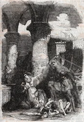Rodomont massacre les habitatnts de Paris - rycina z 1851 r. z „Roland furieux” (Orlando furioso) (XVI w.) Ludovico Ariosto, zwanego Arioste - Wydanie przetłumaczone z języka włoskiego przez hrabiego Tressan i wydane przez Gustave