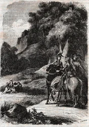 Roger (Ruggero, Ruggiero), Marphise (Marfisa) i trzy kobiety - grawerunek z 1851 r. z „Roland furieux” (Orlando furioso) (XVI w.) Ludovico Ariosto, zwany Ariosto - Wydanie przetłumaczone z języka włoskiego przez hrabiego Tressan i opublikowane przez