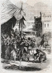 Roger (Ruggero, Ruggiero) przeciwstawia się w bitwie Rodomonta (Rodomonte) - rycina 1851 z „” Wściekły Roland” (Orlando furioso) (XVI w.) Ludovico Ariosto, znanego jako Ariosta - Wydanie przetłumaczone z języka włoskiego przez hrabiego Tressan i publikuj