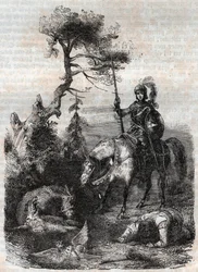 Roger (Ruggero, Ruggiero) posługuje się czarującą tarczą - grawerunek z 1851 r. z „Wściekły Rolanda” (Orlando furioso) (XVI w.) Ludovico Ariosto, znanego jako Ariosta – wydanie przetłumaczone z języka włoskiego przez hrabiego Tressan i opublikowany przez