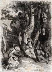 Roland i Siedmiu Zbójców Jaskini - rycina z 1851 r. z „Wściekły Roland” (Orlando furioso) (XVI w.) Ludovico Ariosto, znanego jako Ariosta - Wydanie przetłumaczone z języka włoskiego przez hrabiego Tressan i wydane przez Gustave Harvard
