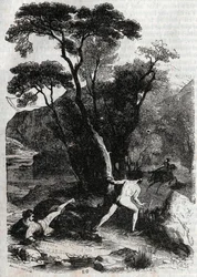 Roland w pogoni za Angelique (Angelica) - rycina z 1851 r. z „Wściekły Roland” (Orlando furioso) (XVI wiek) Ludovico Ariosto, znanego jako Ariosto - Wydanie przetłumaczone z języka włoskiego przez hrabiego Tressan i wydane przez Gustave