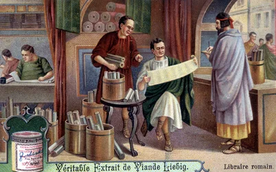 Rzymski księgarz. Chromolitografia, obraz Liebiga.