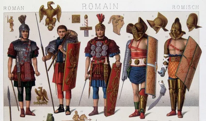 Stroje rzymskich gladiatorów i wojowników. XIX-wieczna chromolitografia.