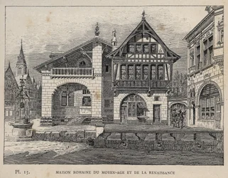 Dom rzymski średniowiecza i renesansu - rycina z 1889 r. w „Historia zamieszkiwania ludzi na Wystawie Powszechnej 1889 r., p. Charles GARNIER - Librairie centrale des beaux-arts Paris 1889