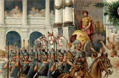 Rzymski system polityczny. Cesarz: Defile na cześć zwycięstw cesarza rzymskiego Augusta (Oktawiana lub Oktawiana) odniesionego w Akcjum, Panonii i Egipcie. Chromolitografia z końca XIX wieku.