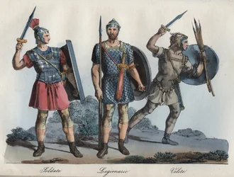 Żołnierz rzymski - legionista - welici (lekka piechota) - rycina z dzieła „Usi e Costumi di Tutti i Popoli dell