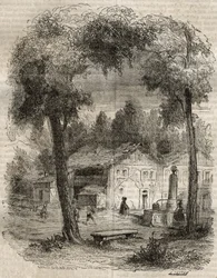 Rousseau a Motiers (Kanton Neuchâtel) - Ilustracja do „Wyznań” Jean-Jacquesa (Jean Jacques) Rousseau (1712-1778) - rycina z 1849 r.