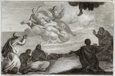 Biblia Royaumont, Nowy Testament: Wniebowstąpienie Jezusa Chrystusa. Chrystus został zabrany z nieba i pobłogosławił Apoterów, zanim zniknął w obłoku. Ilustracja z 1811 roku.