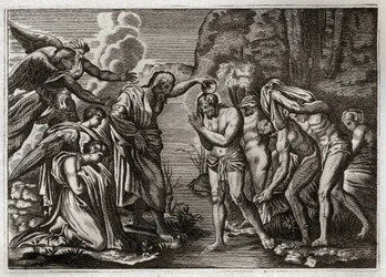 Biblia Royaumont, Nowy Testament: Chrzest Jezusa Chrystusa. Święty Jan Chrzciciel chrzczący Jezusa Chrystusa w wodach Jordanu. Ilustracja z 1811 roku.