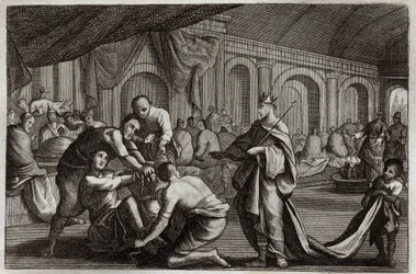 Biblia Royaumont, Nowy Testament: Suknia ślubna. Przypowieść o królu, który dokonał ślubu swego syna, z którego odrzucił mężczyznę, który nie miał sukni ślubnej. Ilustracja z 1811 roku.