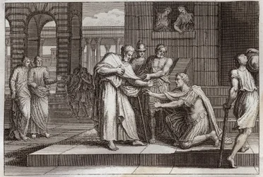 Biblia Royaumonta, Nowy Testament: Korneliusz chrzci. Wrona setnik przyjmuje wiarę Jezusa Chrystusa i zostaje ochrzczona przez św. Piotra. Ilustracja z 1811 roku.