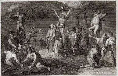 Biblia Royaumont, Nowy Testament: Ukrzyżowanie Jezusa Chrystusa. Matka Boska, św. Maria Magdalena i św. Jan pod krzyżem, św. Longin setnik (św. Longin) z włócznią, żołnierze w tunice Chrystusa. Po bokach repr