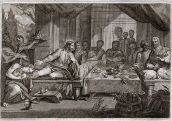 Biblia Royaumont, Nowy Testament: Kolacja u Szymona Faryzeusza. Maria Magdalena poszła płakać u stóp Jezusa Chrystusa u Szymona faryzeusza i uzyskała przebaczenie grzechów. Namaszcza maścią stopy Chrystusa i wyciera je włosami. Il