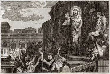Biblia Royaumonta, Nowy Testament: Ecce homo. Poncjusz Piłat (Pontius Pilatus) przedstawia tłumowi Jezusa Chrystusa cierniami mówiąc: „Oto Człowiek”. Ilustracja z 1811 roku.