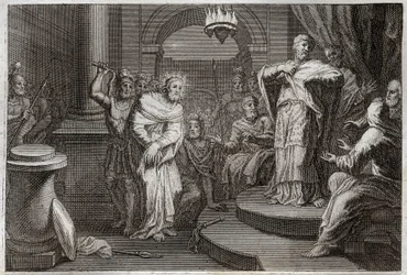 Biblia Royaumont, Nowy Testament: Jezus Chrystus przed Kajfem i Ananem (Hanan lub Anne lub Hanne). Ilustracja z 1811 roku.