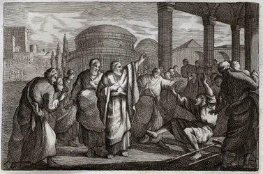 Biblia Royaumont, Nowy Testament: Lame gueri. Św. Paweł wojuje kulawy i aresztuje lud, który chciał złożyć mu ofiarę jak Bóg. Ilustracja z 1811 roku.