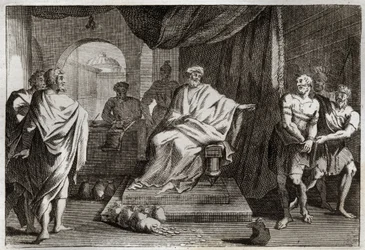 Biblia Royaumonta, Nowy Testament: Przypowieść o talentach. Pan karze jednego ze swoich służących, który ukrył pieniądze, które mu dał. Ilustracja z 1811 roku.