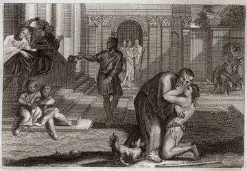Biblia Royaumont, Nowy Testament: Przypowieść o dziecku marnotrawnym. Syn wraca do domu po tym, jak wyjechał i stracił cały swój dobytek. Przychodzi prosić ojca o przebaczenie. Ilustracja z 1811 roku.