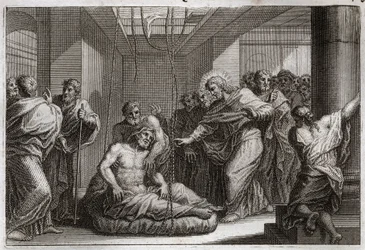 Biblia Royaumonta, Nowy Testament: paraliż. Jezus Chrystus wezwał św. Mateusza i uzdrowił paralityka w Kafarneum. Ilustracja z 1811 roku.