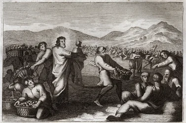 Biblia Royaumont, Nowy Testament: Rozmnażanie bochenków. Jezus Chrystus rozmnaża pięć chlebów i karmi pięć tysięcy ludzi. Ilustracja z 1811 roku.